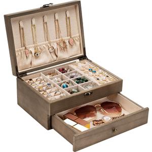 Pinzoveco Jewelry Box for Women, Rustic Wooden Jewelry Organizer Box for Storage Earrings Rings Necklace Bracelet, Farmhouse Style Wood Jewelry Boxes & Organizers (Gray)