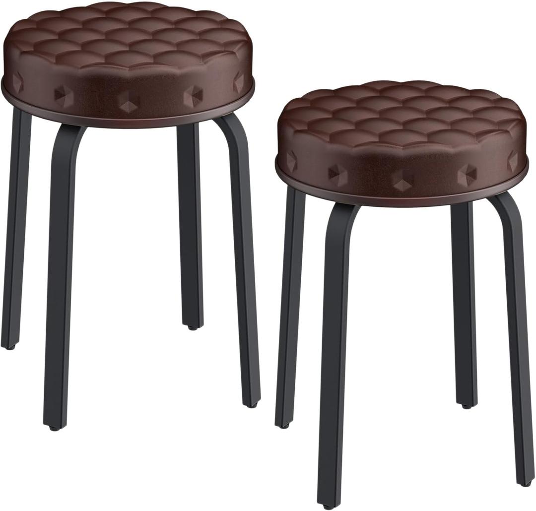 Sofeya Bar Stool Set of 2, 18.5 Inch Backless Round Faux Leather Stool with Metal Legs, Modern Stackable Upholstered Seated Short Bar Stools Chairs for Dining Room, Kitchen, Party, Brown