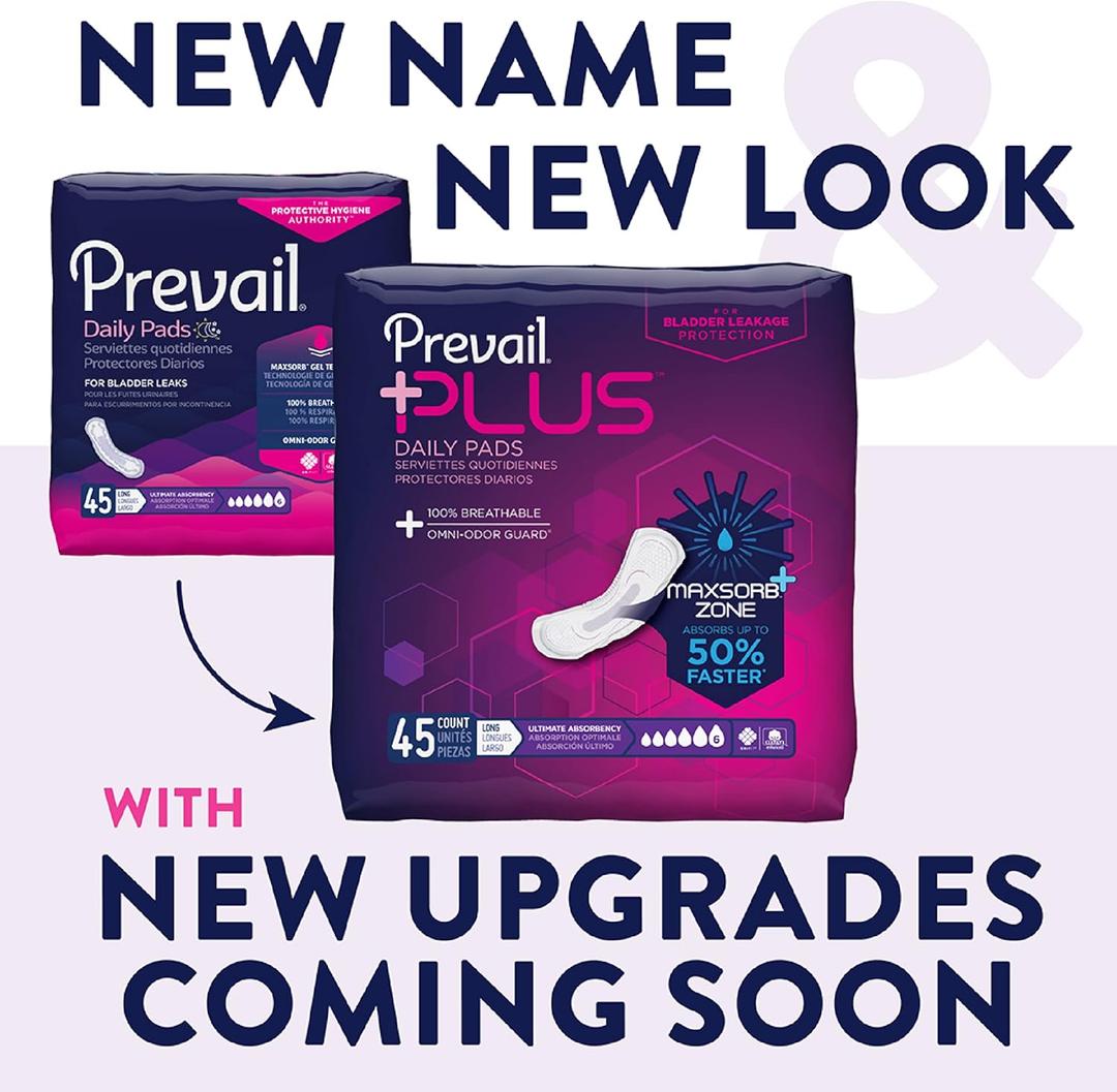 Prevail Plus | Long Length Incontinence Bladder Control Pads | Ultimate Absorbency | 45 Count 