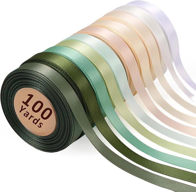 LaRibbons 3/8 Inch 100 Yard Satin Ribbon Pack,10 Yd/Roll 10 Rolls Sage Green Double Faced Satin Craft Ribbon for Gift,Wedding Party Decoration