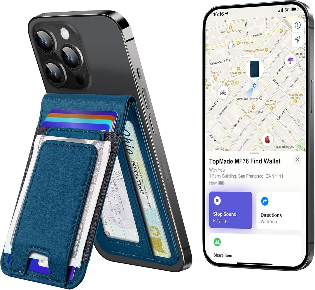 TopMade for MagSafe Wallet with Money Clip, Works with Apple Find My, Magnetic Wallet for iPhone 17/16/15/14/13/12 Series, for iPhone Wallet Stand with Finder Tracker, Dark Blue