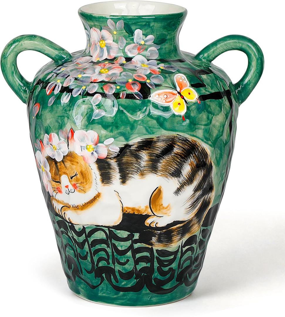 10.5 Inch Ceramic Vase with Hand-Painted Cat & Floral Design, Green Decorative Flower Vase with Handles for Home Decor, Boho Table Centerpiece, Ideal Gift for Plant Enthusiasts
