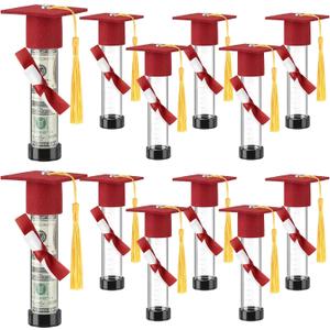 Qunclay 12 Pack Graduation Candy Tubes Class of 2026 Red Graduation Cash Gift Plastic Grad Cap Jars Candy Container with Tassels and Diploma for Grad Table Decor Party Favors