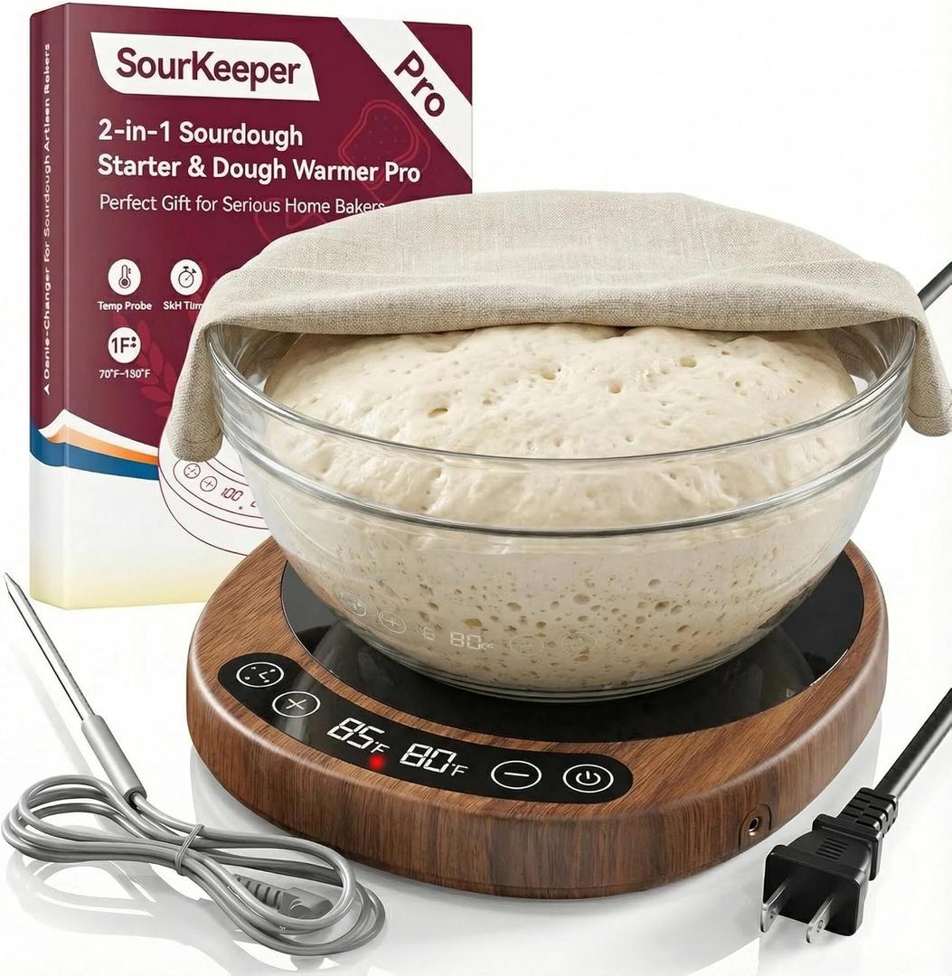 SourKeeper, Larger 2-in-1 Sourdough Starter Warmer Pro - 2026 Upgrade Larger Heating Plate, Dough Temp Probe, 1F Control (70110F), 24H Timer, Real-Time Monitoring Walnut,6.5inch