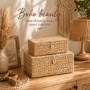 LUSYDECO Set of 3 Wicker Storage Baskets with Lid, Large Rectangular Rattan Basket Decorative Boxes, Natural Water Hyacinth Wicker Basket for Shelf Organizer, Nursery Room