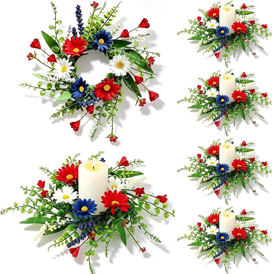 6 PCS Patriotic American Candle Rings Wreaths Artificial 4th of July Floral Candle Rings Holder with Daisy Flowers Mini July Independence Day Wreath for Party Home Table Centerpiece Decor