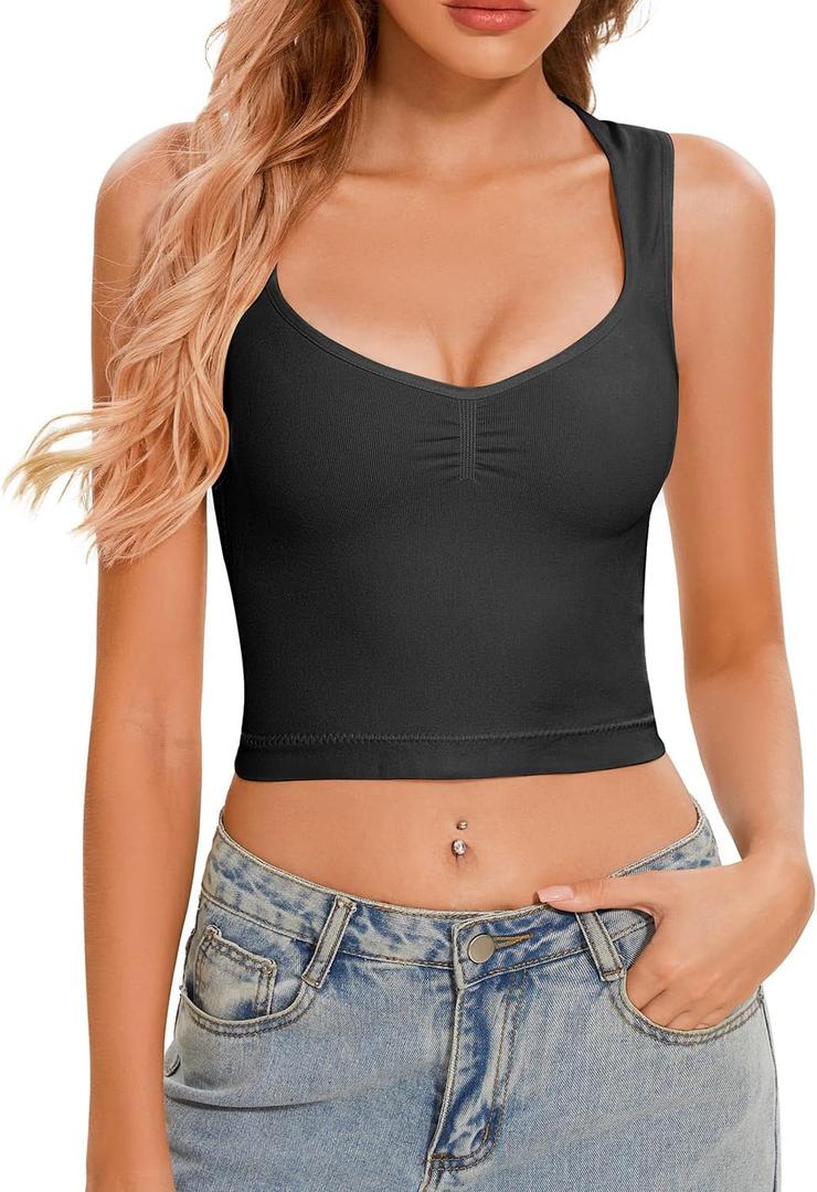 CHYRII Womens Square V Neck Tank Top Sleeveless Summer Going Out Workout Yoga Basic Crop Tops Black L