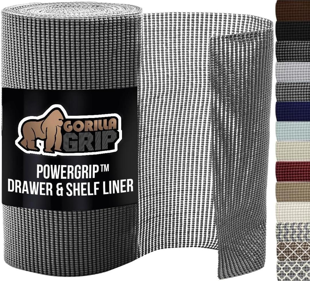 GORILLA GRIP powerGRIP Drawer Shelf and Cabinet Liner, Thick Strong Hold, Non-Adhesive Liners Protect Kitchen Cabinets and Cupboard, Bathroom Drawers, Easy Install, Breathable Mat, 12" x20', Gray