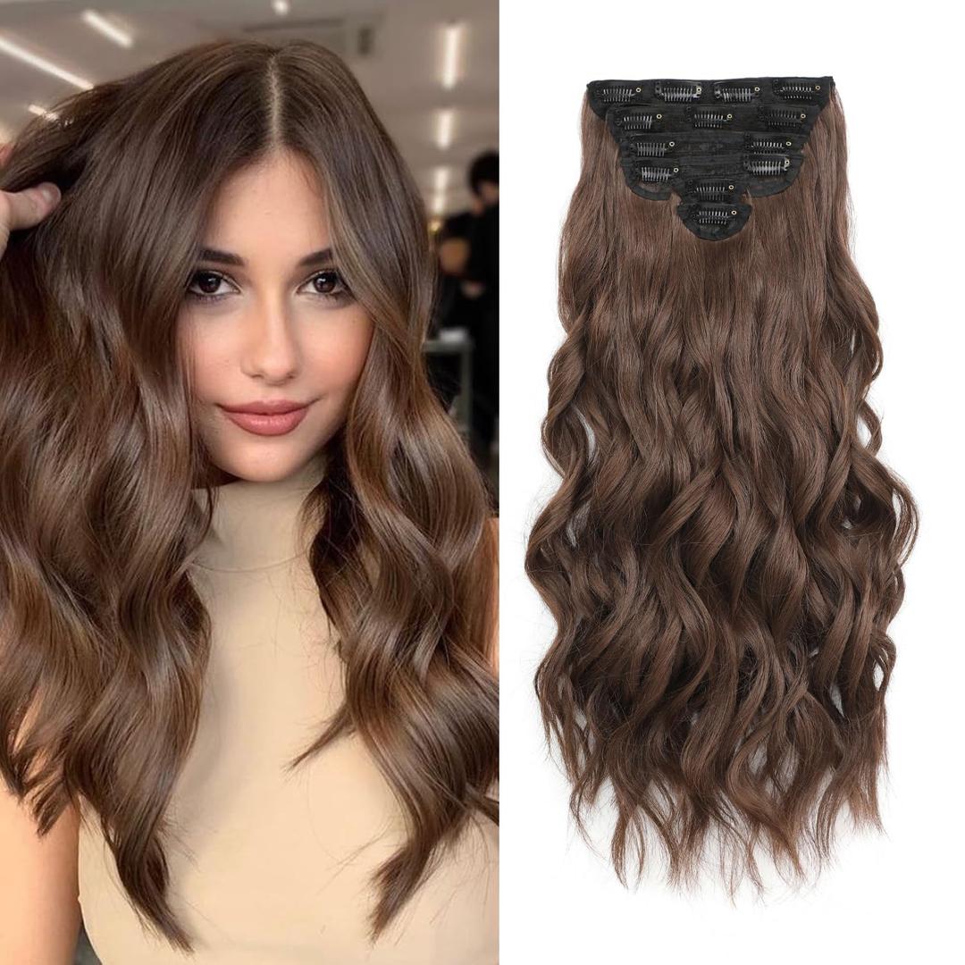Clip in Hair Extensions, 6 PCS Light Brown Extensions, Wavy Hair Extensions, Natural & Soft Hair & Blends Well, Chocolate Brown Long Wavy Hairpieces(20inch, 6pcs, Chocolate Brown)