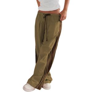 Hongsui Women's Wide Leg Pants Drawstring High Rise Side Striped Slouchy Palazzo Pants with Pockets (Brown) L