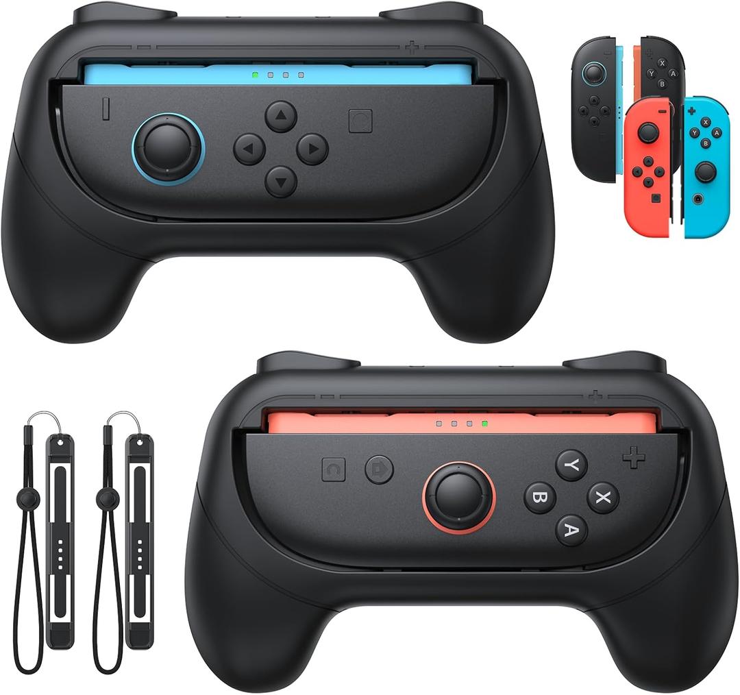 FASTSNAIL [Switch 1/2 Compatible] Grips for Nintendo Switch2 (2025)/Switch&OLED for Joy-Con2, Wear-Resistant & Anti-Slip Controller Grips Handle Kit, Switch2 Joycon Holder Accessories (Black,Black)