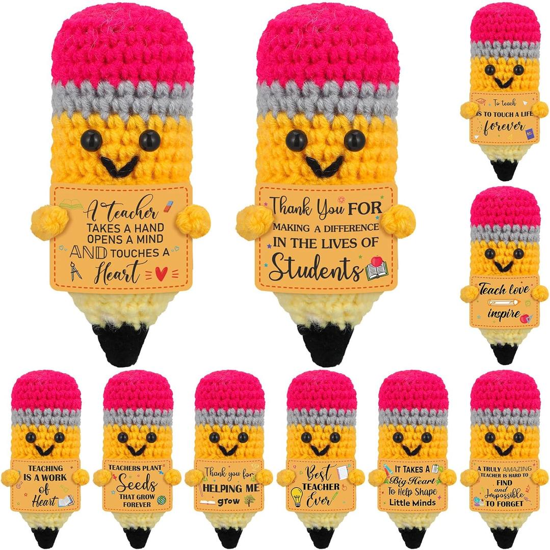 9 Pcs Handmade Teachers Appreciation Gifts Thank You Crochet Yellow Pencils for Teacher Bulk Cute Birthday Thank You Gifts with Cards for Teacher Coworkers Employee Nurse Team