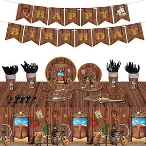 172 Pcs Western Party Supplies Serves 24, Include Cowboy Tablecloth Happy Birthday Banner, Plates and Napkins Tableware Set for Western Cowboy Theme Wild West Decorations