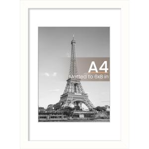 upsimples A4 Picture Frame, Display Pictures 6x8 with Mat or 8.3 x 11.7 Without, Wall Hanging Photo Frames, White, 1 Pack