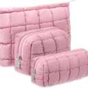 3 Pcs Puffy Makeup Bag Quilted Cosmetic Pouch for Women Cute Checkered Travel Toiletry Bag Puffer Makeup Organizer Purse Pouch Preppy Pencil Case with Zipper (Pink)