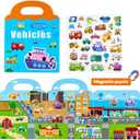 Magnetic Reusable Sticker Book for Kids Ages 3-6, Vehicles Truck with City Playboard Refrigerator Magnet Educational Learning Toys Travel Magnet Stickers Activity Books for Toddler Girls Boys Age 3+