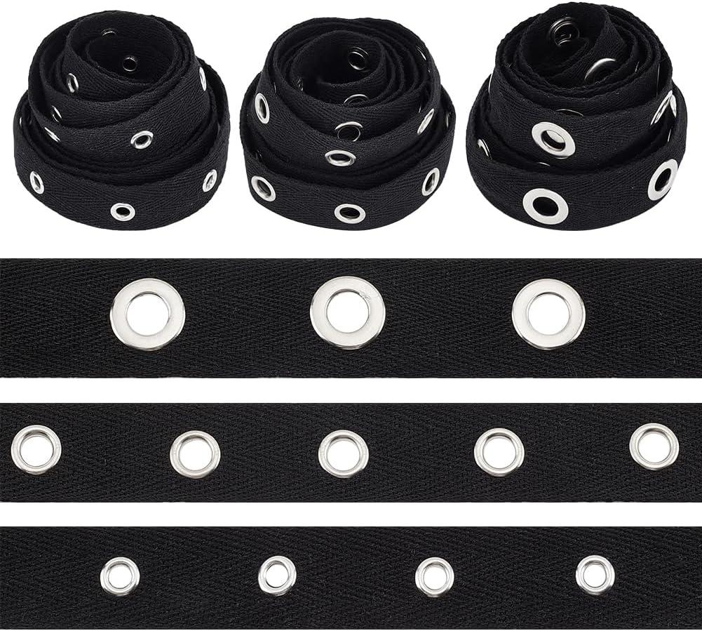 BENECREAT 6 Yards Black Cotton Grommet Eyelet Twill Tape Trim, 3 Sizes Cotton Snap Button Trim Silver Metal Eyelet Ring Ribbon Strip for Sewing Crafts Making, 2 Yards/Size