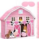 Faccito Pink Farm Piata Bundle Fiesta Piata Set Includes Bat Stick, Barnyard Piata and Blindfold Mask for Farmhouse Country Kids Cinco De Mayo Birthday Party Mexican Piata Game Supplies Decoration