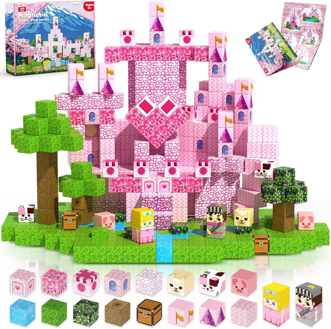 Magnetic Blocks - 100PCS Magnetic Building Block for Kids, Pink Princess Castle Magnet Cubes Sets, Princess Toys for Girls Ages 3 4 5 6 7 8-12 Holiday Christmas Birthday Gifts