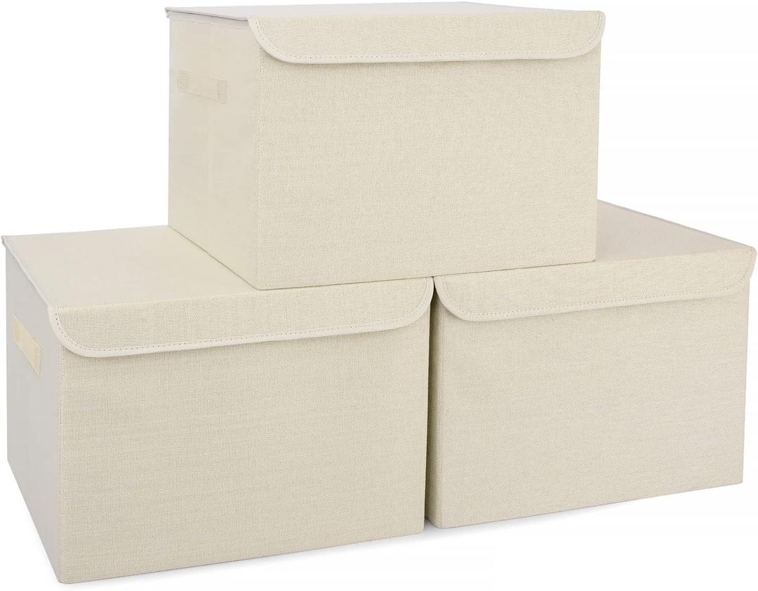 Bagnizer Large 42 Quarts Collapsible Stackable Storage Bins Cube with Lids [3-Pack] Foldable Fabric Linen Storage Boxes, Closet Organizer Baskets with Label for Home (16.7 x 12 x 12, Beige)
