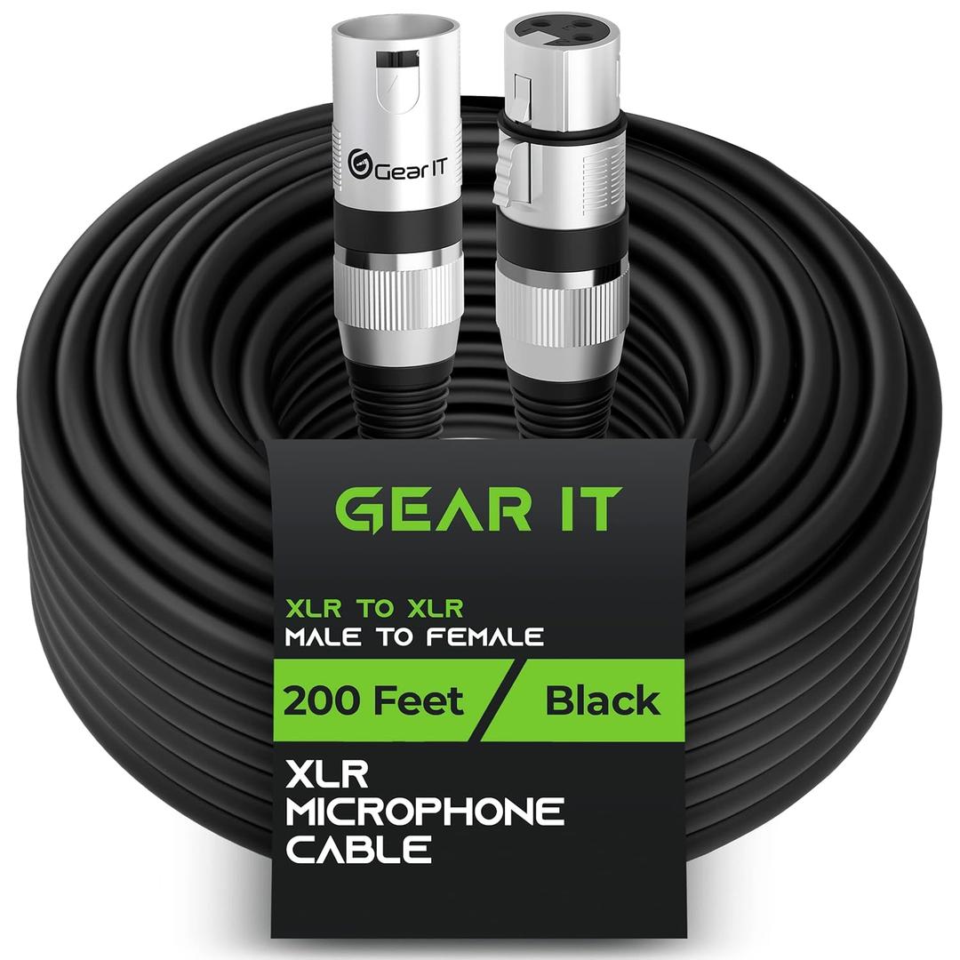 GearIT XLR Microphone Cable (200 Feet, 1 Pack) - XLR Male to Female, Balanced Shielded Mic Cable for Mixer, Studio, Podcast - Black, 200Ft, 1 Pack