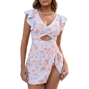 MFAVIP Women One Piece Swim Dress Tummy Control Swimsuits V Neck Ruffle Bathing Suit Cutout Wrap Side Tie Swimwear with Skirt, Large