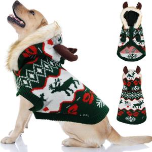 OTOB Dog Ugly Christmas Sweater, Winter Thick Knitted Dog Sweaters for Medium Large Dogs Cozy Holiday Hooded Sweaters with Leash Hole Male Female, Xmas Doggie Pet Clothes Outfits Apparel, Green XL