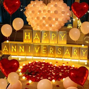 Happy Anniversary Light Up Letters, Rose Petals LED Tea Lights Candles Latex Foil Balloons, Paper Luminary Bags for Her Him Proposal Anniversary Valentines' Day Decorations
