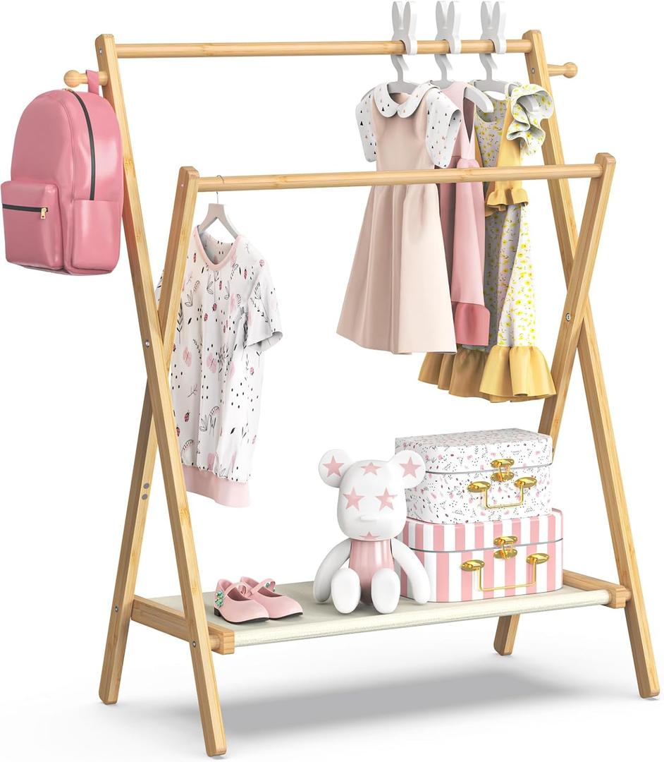 BAMBOOHOMIE Kids Clothing Rack, Small Clothes Rack for Toddler Pets, Kids Dress Up Rack with Storage Shelf & Double Rods, Foldable Kids Clothes Rack for Nursery Child's Room (Regular Size)