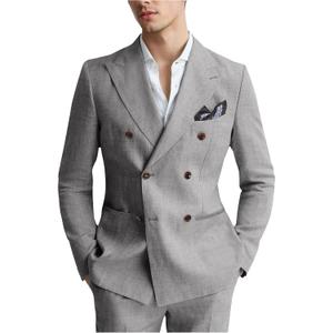 Mens Suits Linen 2 Piece Suit for Men Peak Lapel Slim Fit Suits Set Double Breasted Tuxedos for Wedding Prom, Light Grey (L)