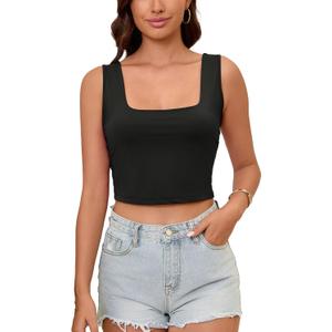 Women's Strappy Tank Square Neck Double Layer Workout Fitness Casual Basic Crop Tops (Black) M