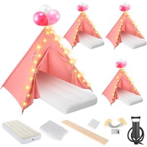 4 Pack Teepee Tent Bulk for Kids with Light String Inflatable Airbed Fitted Sheet Inflation Pump,Natural Cotton Toddler Play Tent for Girls Boys Slumber Party Sleepover Tents, Indoor Outdoor
