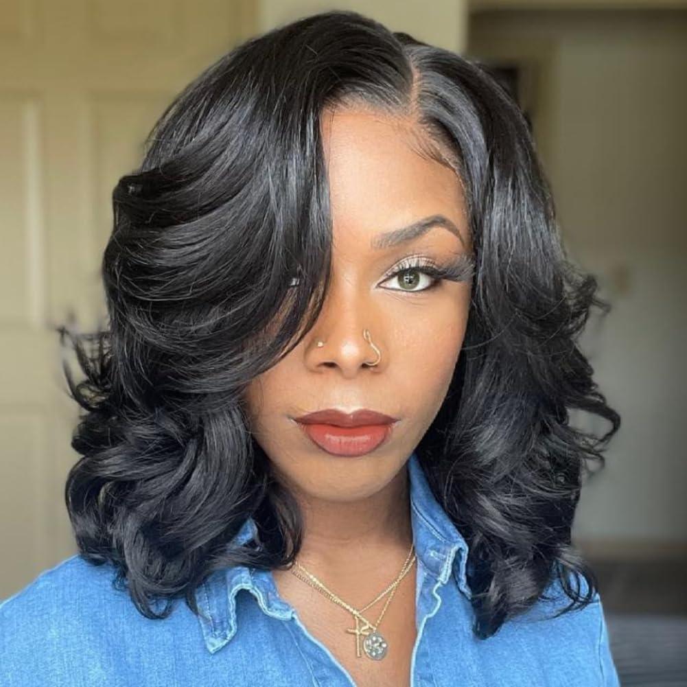 Short Body Wave Wig Glueless Short Wavy Bob Wigs Side Part Loose Wave Wigs for Women Shoulder Length Curly Synthetic Wig Lace Part Hair (Natural Black)