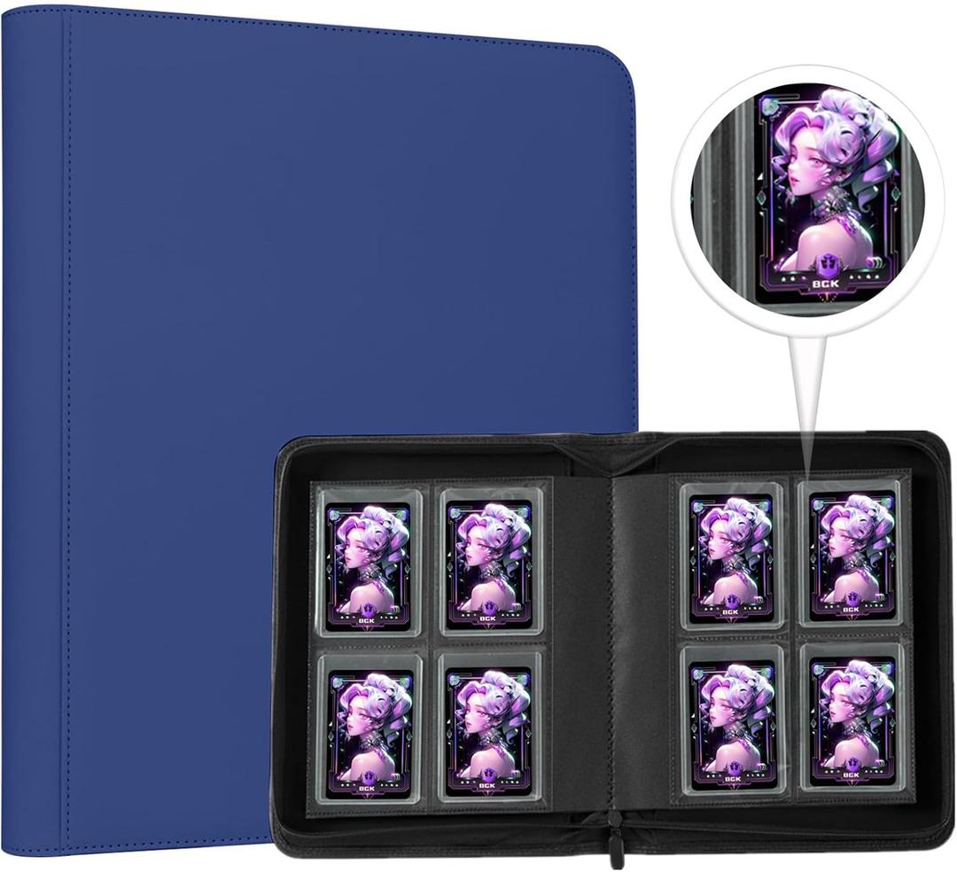 Toploader Binder,4-Pocket Double Sided Top Loaders Binder,Holds 128 Cards in 3"x4" Toploaders,PU Leather Card Binder Abulm for Toploader Trading,Sports,and Gaming Cards (Blue)