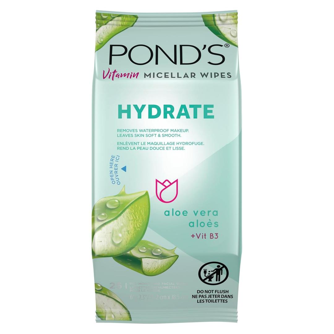 3 x PONDS Micellar Makeup Remover Wipes, Removes Waterproof Mascara, with Aloe Vera & Vitamin B3, Alcohol-Free Facial Cleansing Wipes for Dry Skin, 25 Count