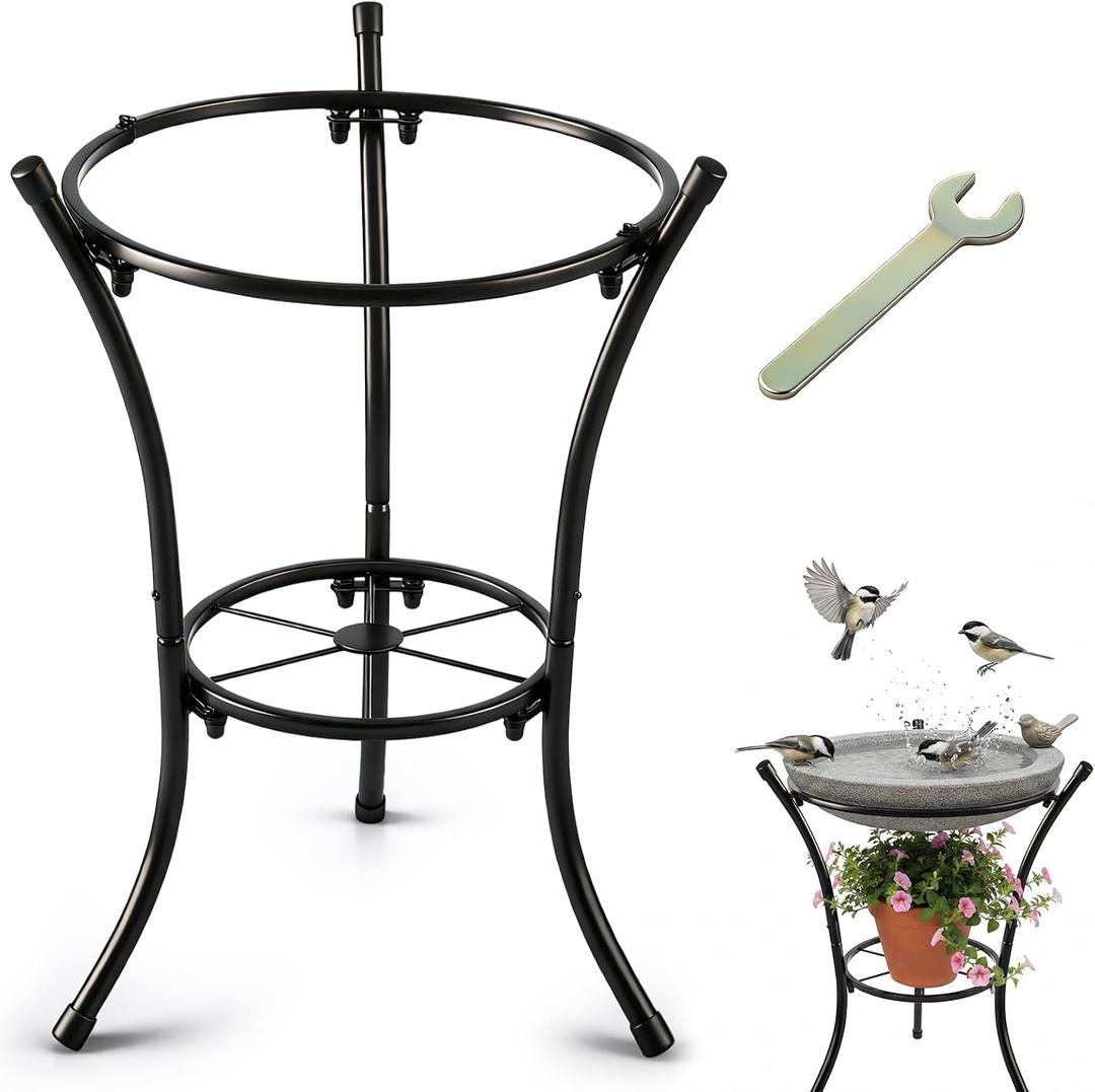 16" Tall Metal Bird Bath Stand, 2-Tier Wrought Iron Plant & Gazing Ball Stand with 6 Non-Slip Pads, Sturdy Multi-Use Flowerpot Holder for Outdoor Indoor Garden Patio