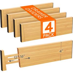 Lifewit 4 Pack 4" High Bamboo Drawer Dividers, 12-16" Adjustable Drawer Organizers for Clothes, Wood Dresser Drawer Divider, Expandable Deep Drawer Separators for Dresser, Kitchen, Bedroom, Bathroom