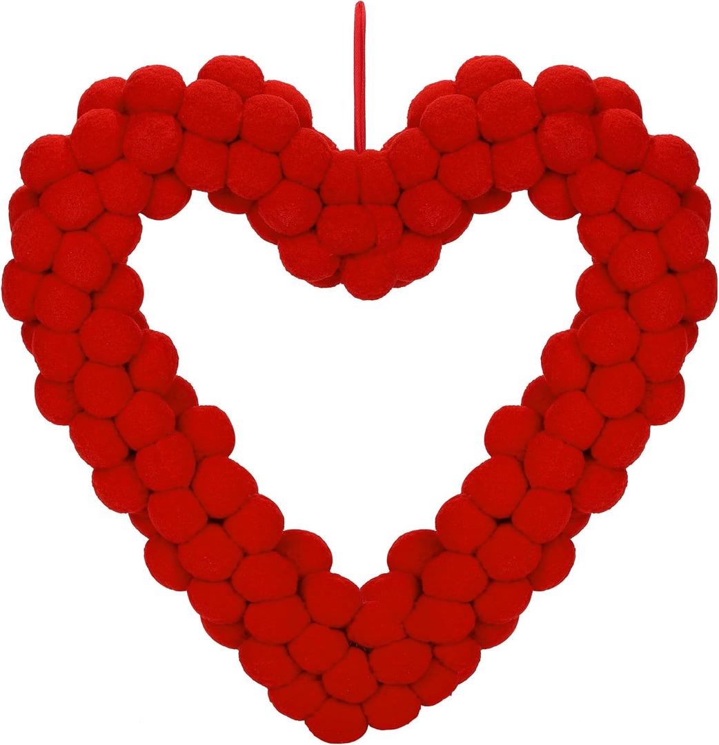 ANVAVO Wool Felt Pom Pom Wreath 13 Inch Valentine Heart Wreath Front Hanger Decoration Double-Sided Winding Felt Ball Garland for Anniversary Wedding Party Home, Red