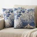 MAMYL Set of 2 Linen Floral Pillow Covers, Hydrangea Pattern Throw Pillow Covers, Boho Vintage Cushion Covers for Sofa, Living Room, Bedroom, Farmhouse Decor (Blue, 18''X18'')