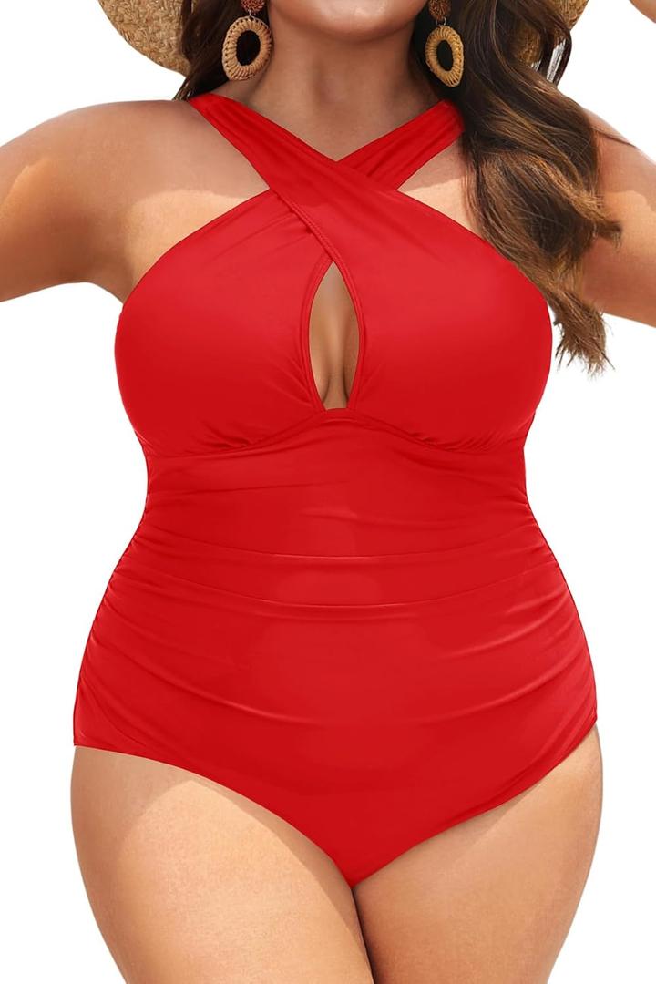 Daci Womens Front Cross Plus Size One Piece Swimsuits Tummy Control Keyhole Bathing Suits Swimwear (X-Large, Red)