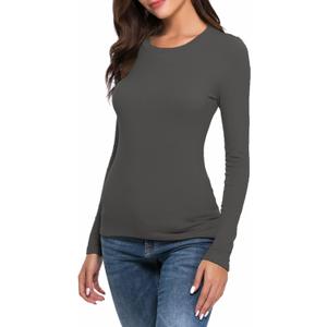 Women Long Sleeve Crew Neck/Scoop V Neck Rayon Slim Fit Stretchy Layer T Shirts Tops (Gray, S)