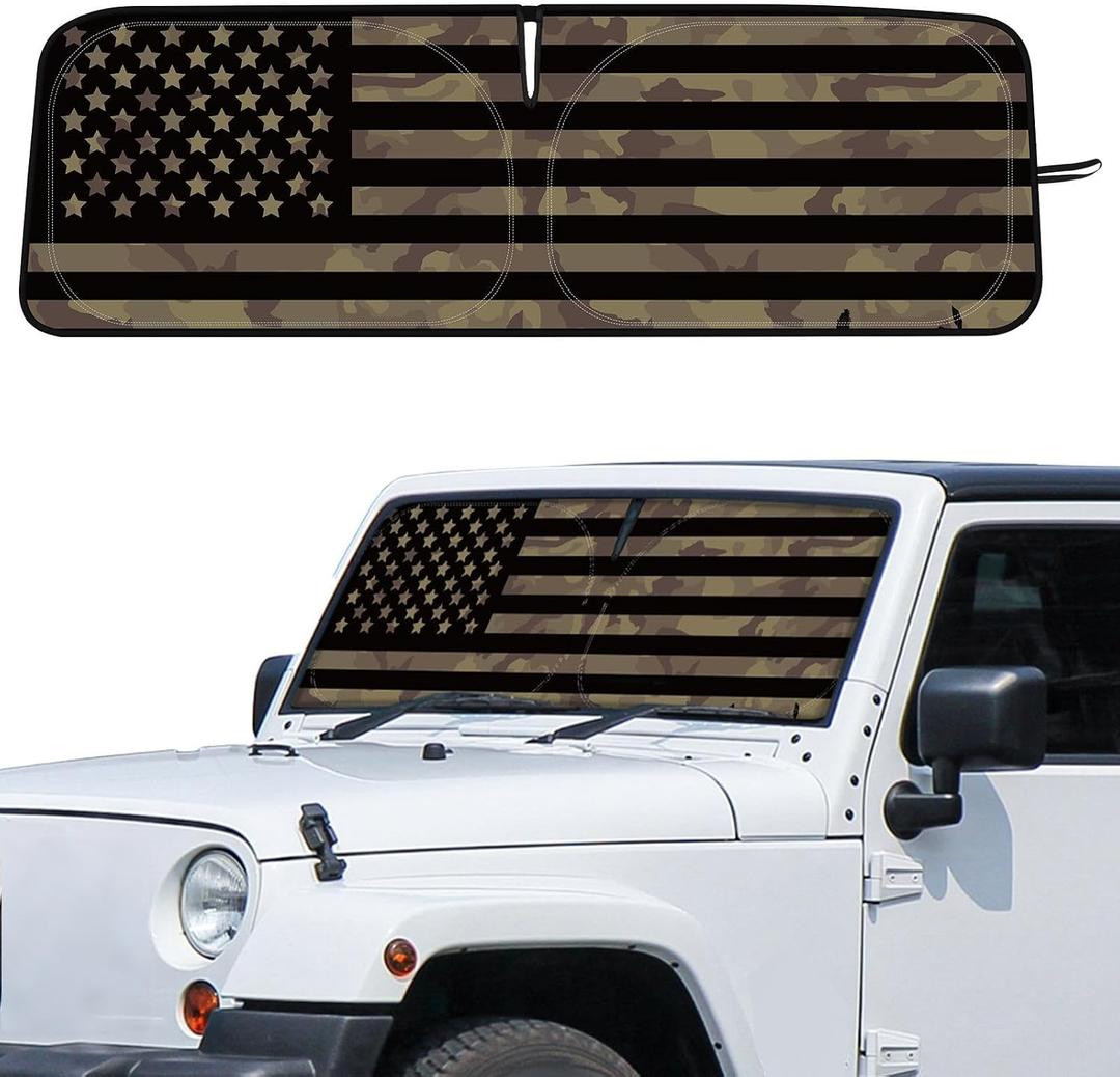 DaisyInner Windshield Sun Shade Compatible with Jeep Jk Jku Jl Jlu 1997-2023 and Compatible with Gladiator Jt 2020-2023 Foldable Windshield Sunvisor Blocks UV Rays (Retro Flag, 16.5 x 52.5)