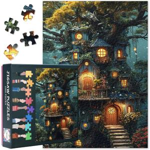 Fantasy Tree House Puzzles for Adults 1000 Pieces - Jigsaw Puzzles Forest Art, 27.5x19.7 Inch Blooming Flowers Hard Impossible Challenging Puzzle Family Game for Men & Women (Home Decor Gift)