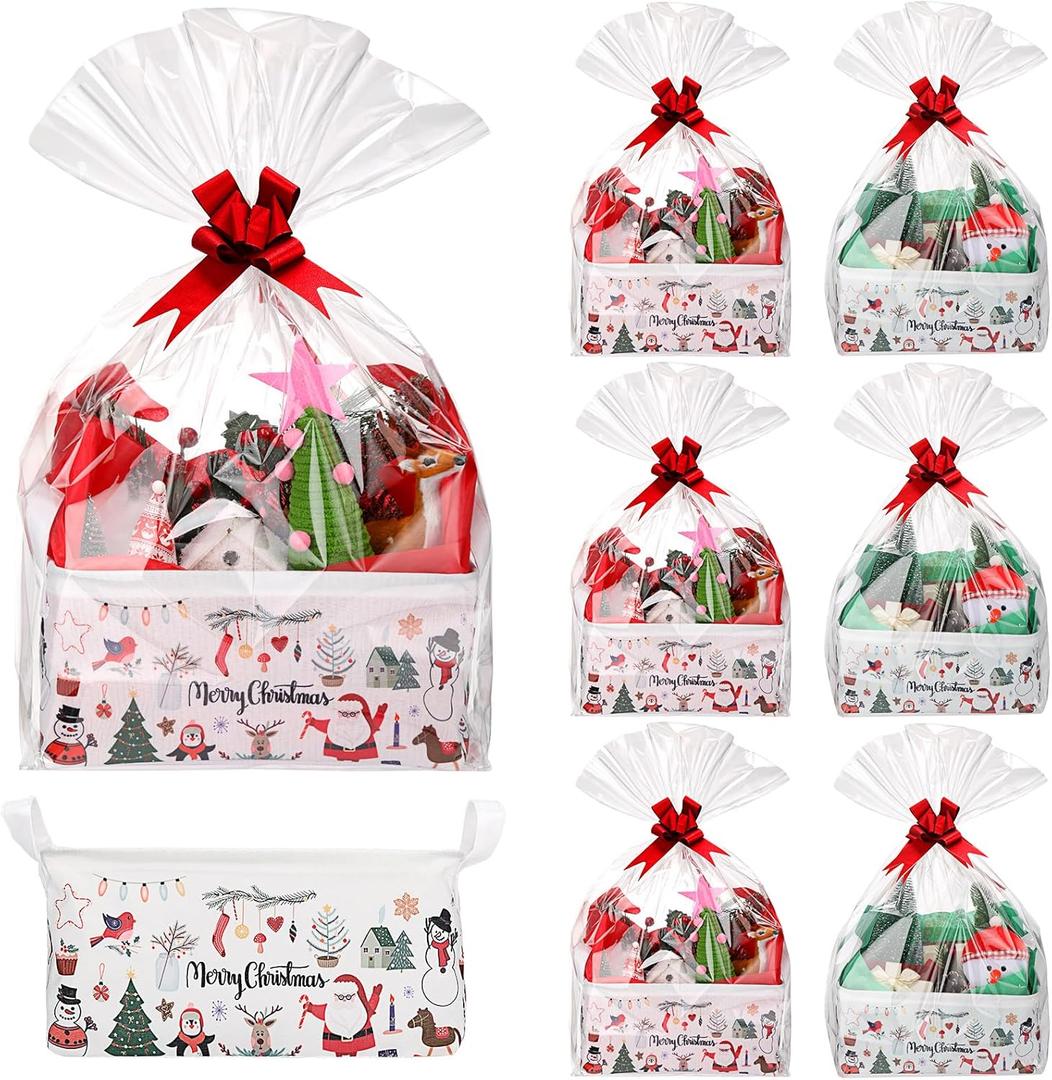 Yexiya 48 Pcs Christmas Gift Baskets Empty Kit Include 6 White Merry Christmas Baskets with 6 Gift Bag 6 Red Pull Bow 30 Paper Lining, Empty to Fill with Bag for Xmas Gifts Party