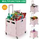 MACOPRO Folding Utility Cart Portable Rolling Crate Handcart Shopping Trolley Collapsible Tool Box, with Lid, Basket on 4 Rotate Wheels, for Grocery, Shopping, Office, Teacher (Pink)