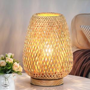 Rattan Table Lamp, Stepless Dimmable Small Beside Lamp, Vintage Wicker Wooden Nightstand Boho Bamboo Woven End Table Lamps for Bedroom Living Room Desk Kids Room, 2700K T45 LED Bulb Included