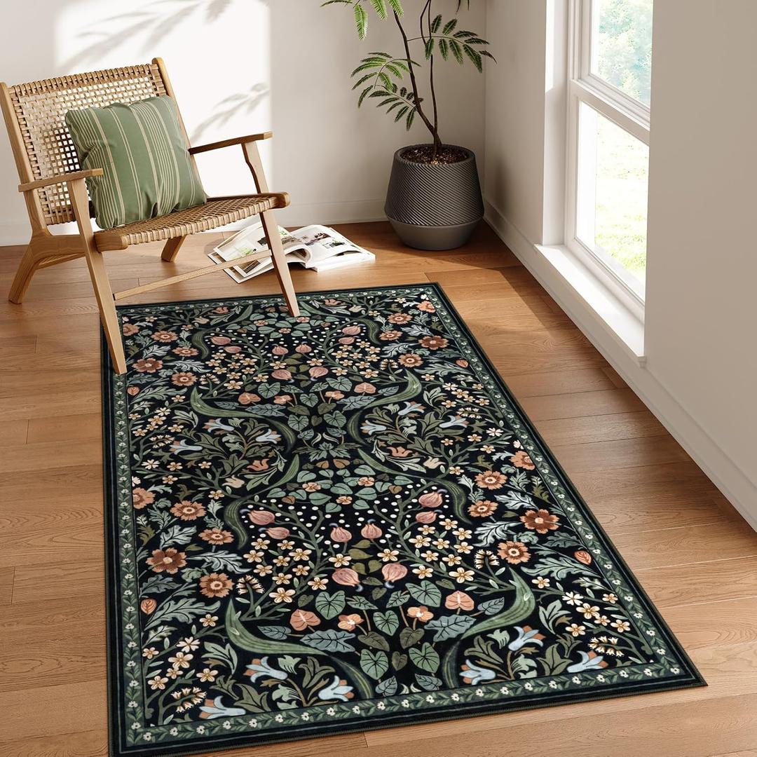 Moynesa Floral Machine Washable Rugs, 3x5 Rug for Entryway Non Slip Small Botanical Living Room Area Rug, Boho Ultra Thin Soft Bedroom Floor Throw Carpet for Dorm Bathroom Nursery, Black