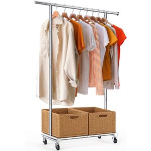 TigerParty Clothes Rack for Hanging Clothes, Sturdy Stainless Steel Clothing Rack, Extendable & Adjustable Rolling Garment Rack with Wheels for Bedroom Laundry Living Room, Silver