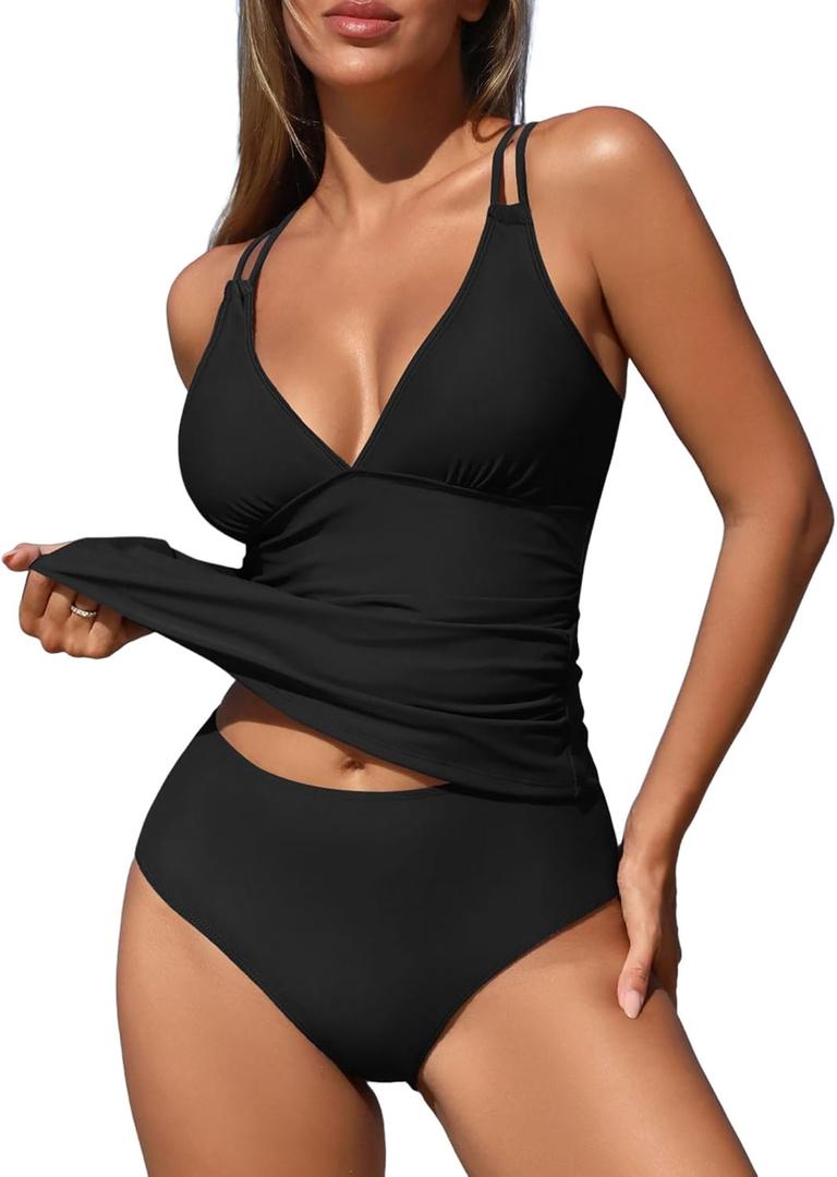 ZAFUL Womens Tankini Swimsuits V Neck Push Up Swim Top Color Block Tummy Control High Waisted Bathing Suits Swim Bottom (Black, L)