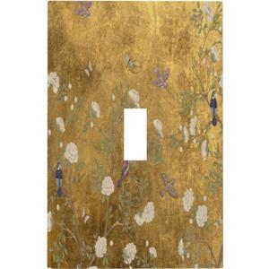 Decorative Switch Plate Covers Vintage White Flowers Birds on Golden Background 1 Gang Light Switch Cover Plate Single Toggle Wall Plate Outlet Covers Wall Plate for Home Decor